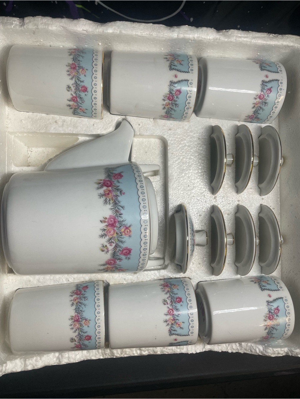 Floral Porcelain Tea/Coffee Set with Blue Trim